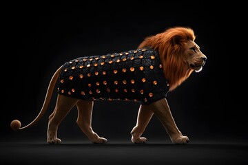 Lion is wearing a black and orange outfit. The outfit is made of beads and has a diamond pattern. The lion is walking on a black background