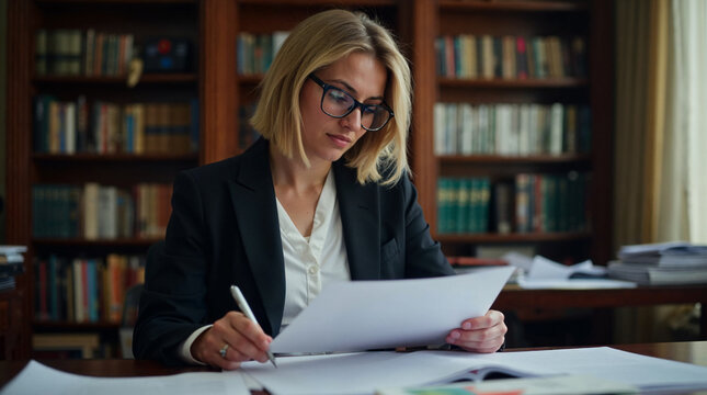 Abogada revisando documentos legales en una oficina con estanter&iacute;a de libros