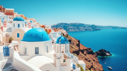 Obraz premium A breathtaking view of Santorini, Greece, with its iconic white-washed buildings and blue-domed churches overlooking the Aegean Sea.