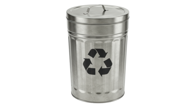 Isolated Metal Trash Can with Recycling Symbol