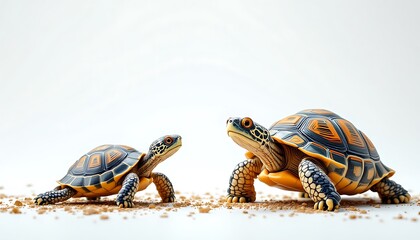 Two Turtles Walking on Sand in a Minimalist Clean Background