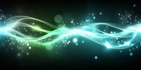 Background with glowing light blue and green lines, particles of data flowing in the air. abstract technology background. green wave tech background