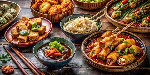 Obraz premium A vibrant spread of Asian street food, including crispy tempura, dumplings, spicy ramen, and sticky sesame chicken, served in traditional bowls with chopsticks.