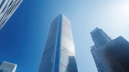 A futuristic view of Shinjuku's skyscrapers against a deep blue sky