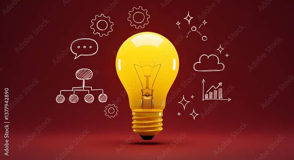 Poster bright yellow pixel lightbulb surrounded by data icons on red background
