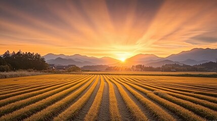 Fototapeta premium A golden rice field in Japan stretching towards a distant mountain range under a soft sunset glow