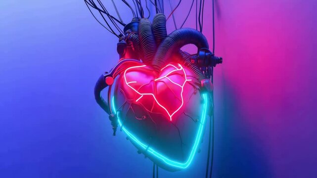 A robot heart with neon light and the cables hanging from the ceiling	