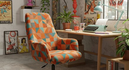 Cozy workspace featuring a colorful chair, vintage typewriter, and plants in a creative setting