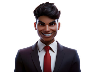 3D Illustration of Smiling Man in Suit and Red Tie on Black Background