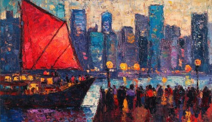 Harbor scene at night with a vibrant red sail and city skyline