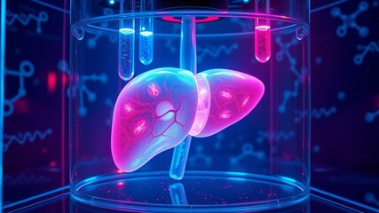 Rendered image showing a scientifically illuminated liver in a neon-lit futuristic biotechnology lab, emphasizing medical representation, scientific advancement, and laboratory research.