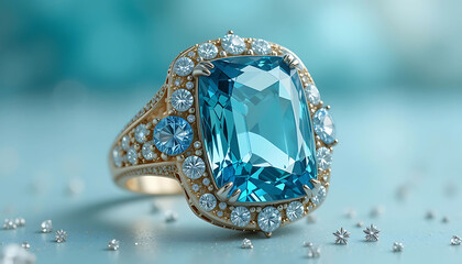 14k Yellow Gold Aquamarine and Diamond Ring Close-up
