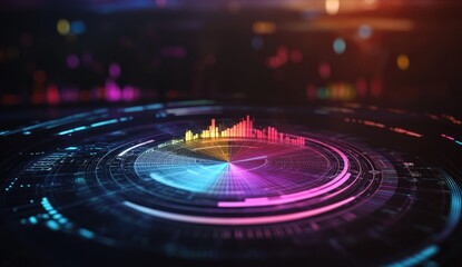 Futuristic data visualization interface with vibrant circular graphic displays
