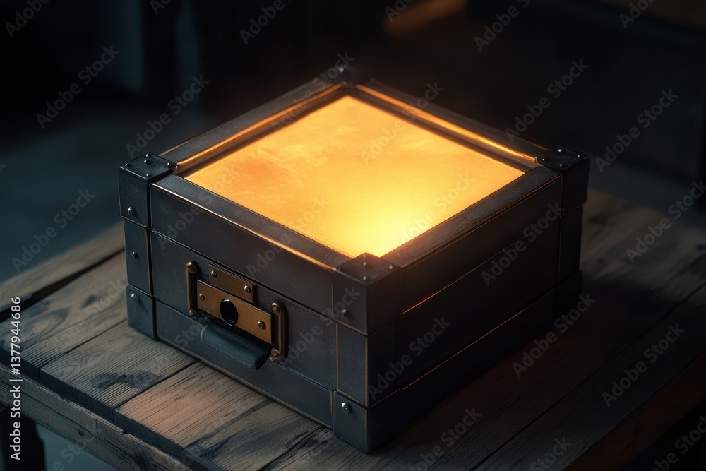 Poster unique illuminated box on wooden surface creating a warm ambiance in a rustic setting