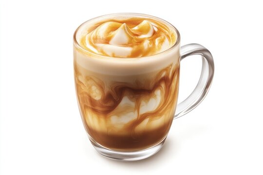 A clear glass mug filled with a caramel latte topped with whipped cream and caramel drizzle on white