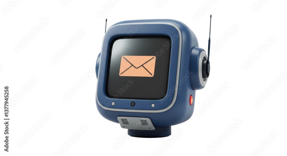 Poster isolated retro robot head with email icon on screen, futuristic communication