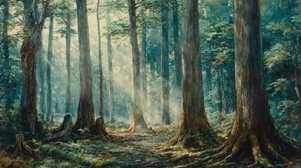 Obraz premium A misty morning in a Japanese cedar forest with sunlight filtering through the trees