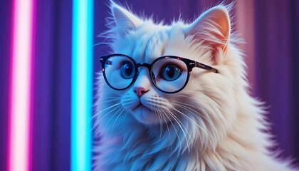 White Cat Wearing Glasses with Neon Lights Background