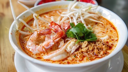 An appealing bowl of laksa is presented. The laksa features thick, chewy rice noodles submerged in a rich, spicy and creamy coconut - based broth. The broth is a complex blend of various spices