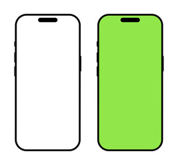 Set of smartphones. Mobile phone with green screen mockup. Gadget flat symbol. Device front view minimal icon. Simple sign for website design, ui, mobile apps. Blank smart phone screen frame templates