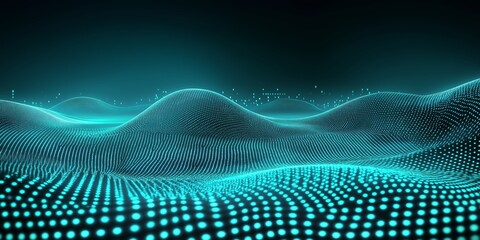 Background with glowing green lines and particles of data flowing in the air. abstract technology background. green wave tech background