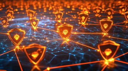 A glowing network of connected security shields protecting digital assets.