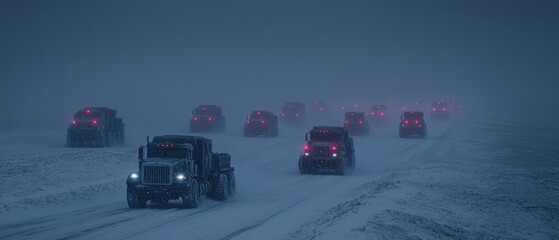 A convoy of heavy trucks travels down a snowy road in the foggy weather, visibility severely limited