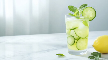 Refreshing cucumber detox water with lemon and mint on marble surface promotes health and cleanse