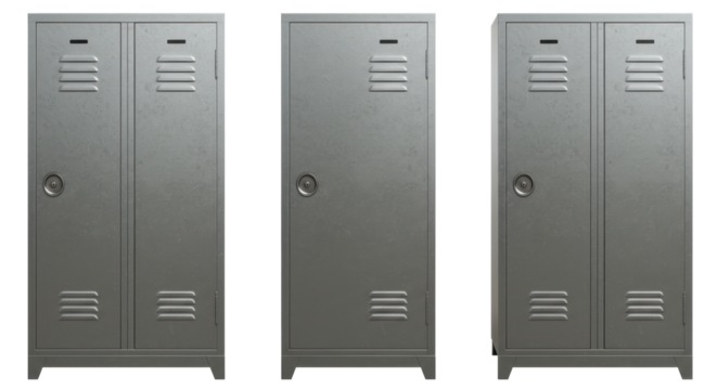 Isolated Row of Gray Metal Lockers for Storage in School or Gym
