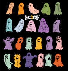 Big set of rainbow pastel ghost, watercolor vector. Halloween, Ghost, Ghouls, Wall Art, Gift. Collection of trendy vector for Halloween. Spooky Season. Template baby creepy book characters for kids.