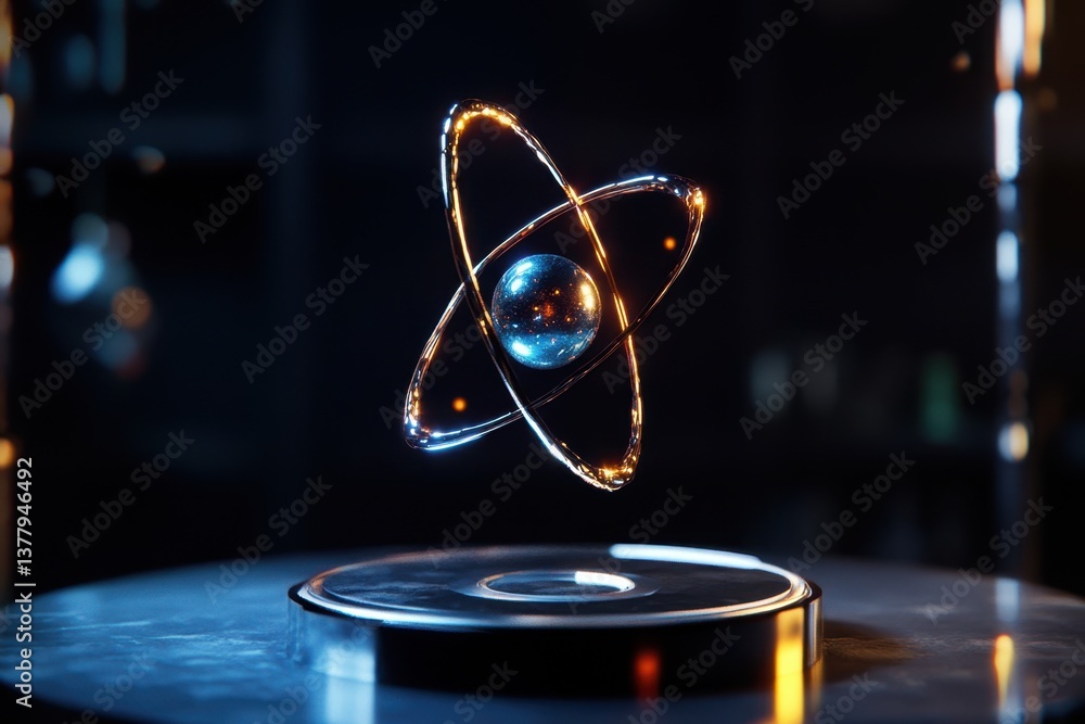 Poster visual representation of an atom in a futuristic setting with glowing elements