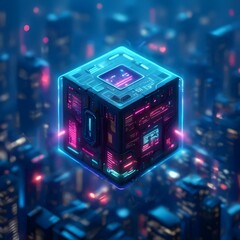 Fototapeta premium Floating Neon Cube with Cyberpunk Aesthetic | Futuristic Sci-Fi 3D Render
