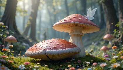 A fairy resting on a giant mushroom.