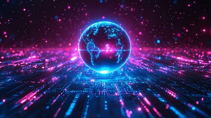 Obraz premium Futuristic globe surrounded by vibrant digital circuits, showcasing a mesmerizing neon landscape of technology and connectivity.