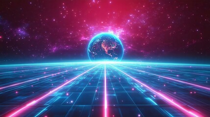 A stunning futuristic landscape showcasing a digital grid with a vibrant Earth and swirling galaxies, perfect for sci-fi and tech themes.