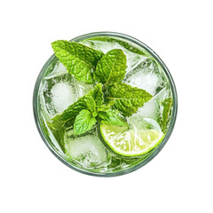 Gin tonic mojito cocktail with mint in a glass top view. Isolated on white background. PNG 