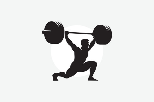 minimal black silhouette of a person performing a snatch lift. The figure is in a wide stance, lifting a barbell overhead in one swift motion, arms fully extended