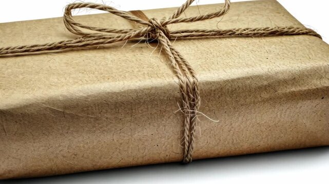 Rustic Wrapped Gift Box with Twine on White Background