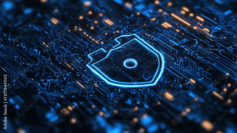 Poster a padlock and shield symbol on a digital interface, representing cybersecurity and protection.