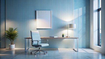 Serene Workspace Modern Minimalist Office Design with Pale Blue Walls, a Light Wood Desk, and an Ergonomic Chair, Illuminated by a Table Lamp, Featuring a Blank Frame for Creative Inspiration