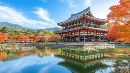 Fototapeta premium A scenic autumn view of Kyoto's Tofuku-ji Temple with a vibrant canopy of red maple leaves