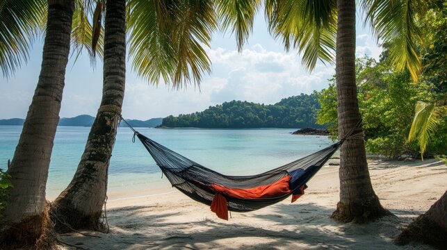 A perfect hammock setup under palm trees on Koh Jum.