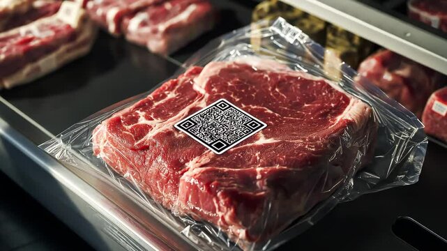 A freshness high quality beef in packaging with QR code at butcher shop	