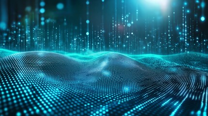 Background with glowing green lines and particles of data flowing in the air. abstract technology background. green wave tech background