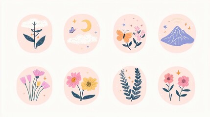 Vintage nature stickers with a faded paper look, showcasing a moon, stars, pastel clouds, wildflowers, a colorful butterfly, pine trees, and mountain scenes.