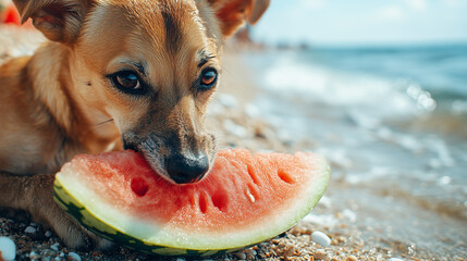 dog eating watermelon. Dog on a beach in summer with a slice of watermelon fruit. Refreshing snack. Exotic holiday location for animals, pets. Walking dog on beach sunny day. Stray dogs abroad. 