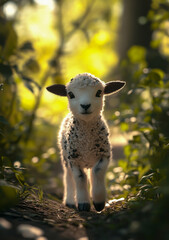 A little lamb stands beautifully on the path ahead, covered in vibrant greenery and bathed in soft, golden sunshine.