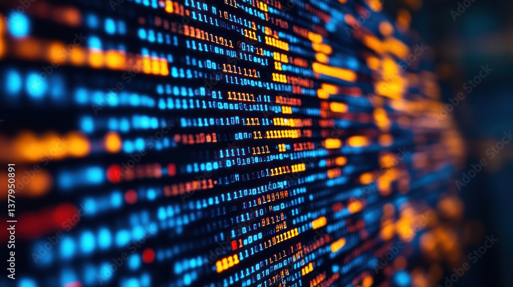 Poster abstract digital code stream, glowing orange and blue binary data.