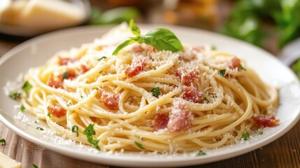 A plate of Italian spaghetti carbonara with crispy pancetta and parmesan cheese.