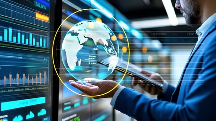 Global Analytics: An expert analyzes a virtual world globe, surrounded by advanced data visualizations in a futuristic digital interface. - Powered by Adobe